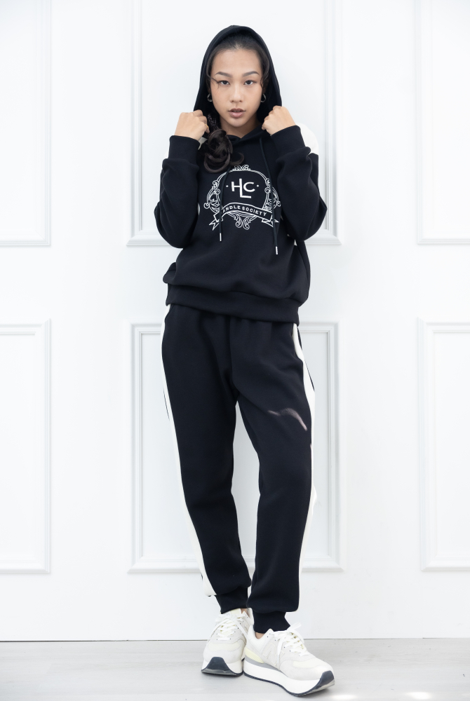 긴팔 電繡HLC連帽長袖上衣 / 黑白拼接