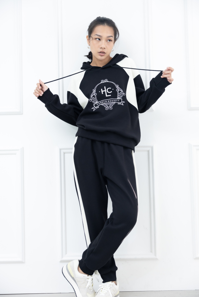 긴팔 電繡HLC連帽長袖上衣 / 黑白拼接