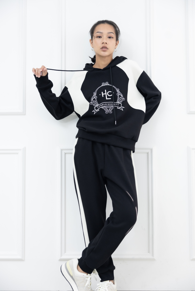 긴팔 電繡HLC連帽長袖上衣 / 黑白拼接