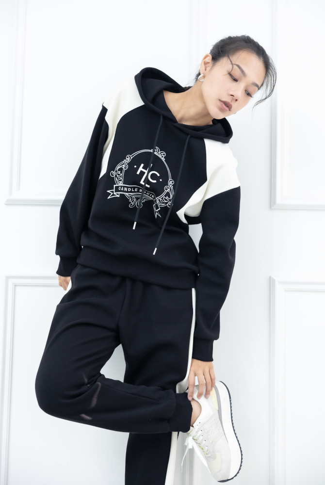 긴팔 電繡HLC連帽長袖上衣 / 黑白拼接