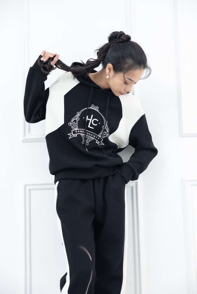 긴팔 電繡HLC連帽長袖上衣 / 黑白拼接