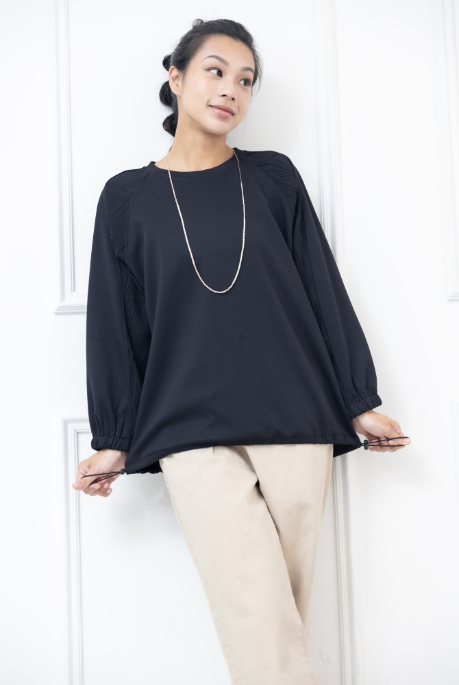 긴팔 下擺抽繩袖口束口七分袖上衣 / 黑色