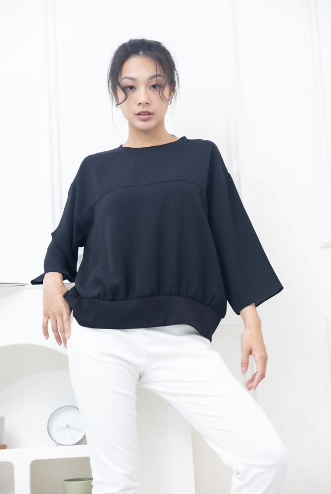 긴팔 落肩羅紋織下擺七分袖上衣 / 黑色