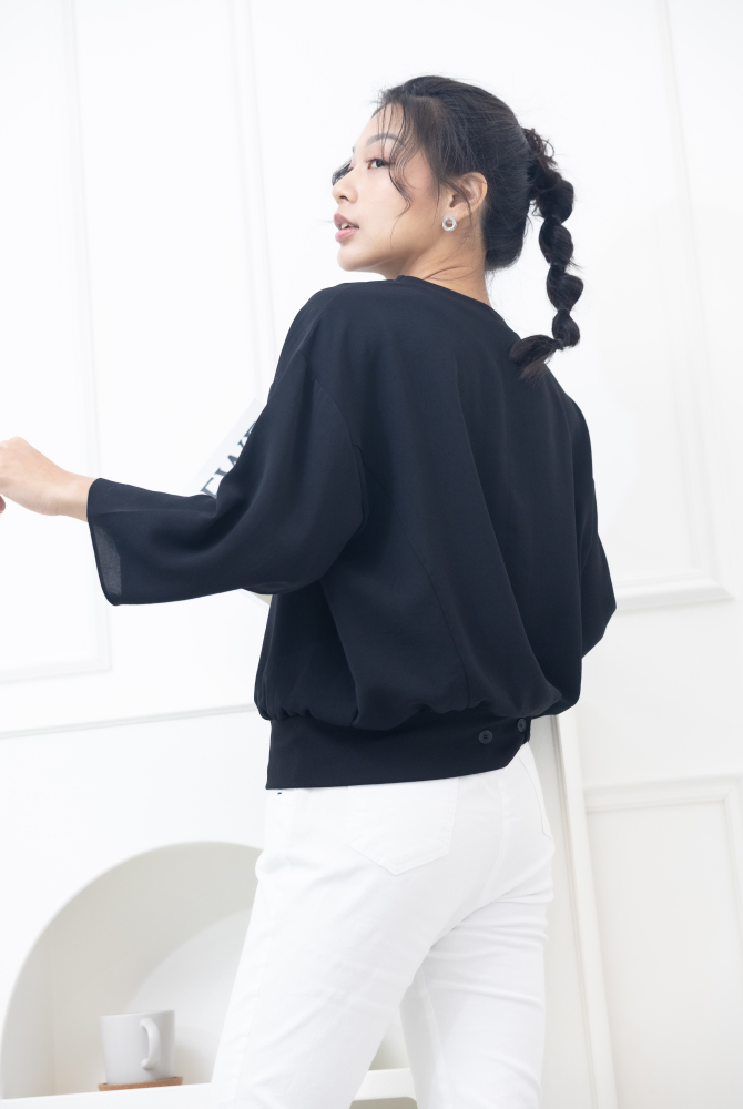 긴팔 落肩羅紋織下擺七分袖上衣 / 黑色