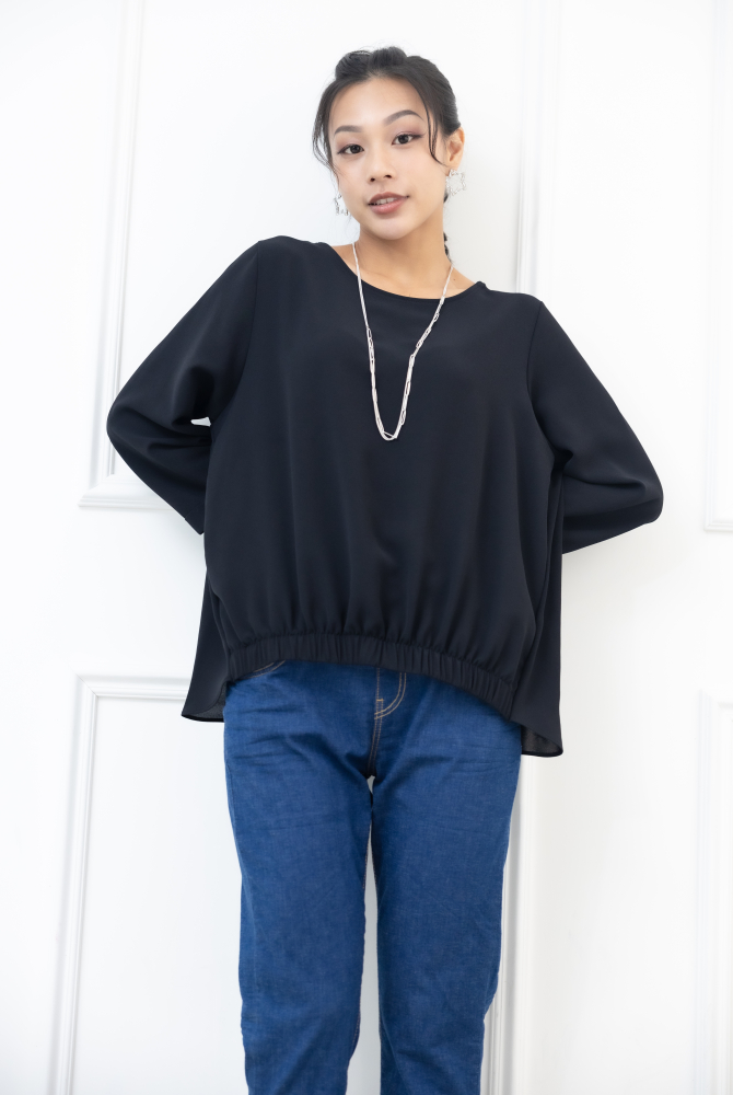 긴팔 下擺鬆緊七分袖上衣 / 黑色