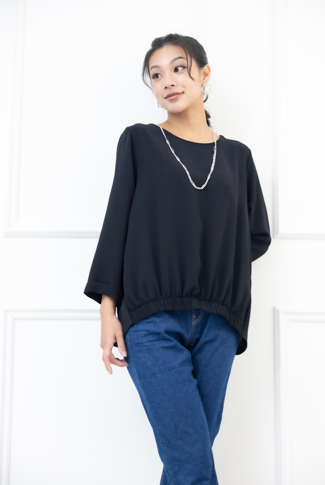 긴팔 下擺鬆緊七分袖上衣 / 黑色
