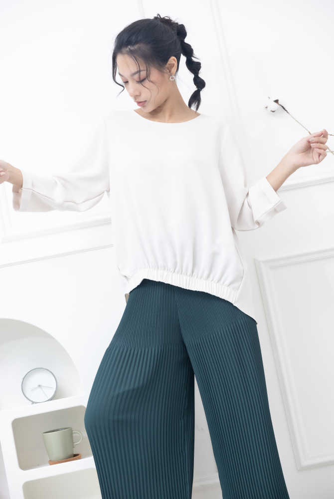 긴팔 下擺鬆緊七分袖上衣 / 杏色