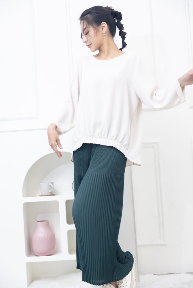 긴팔 下擺鬆緊七分袖上衣 / 杏色