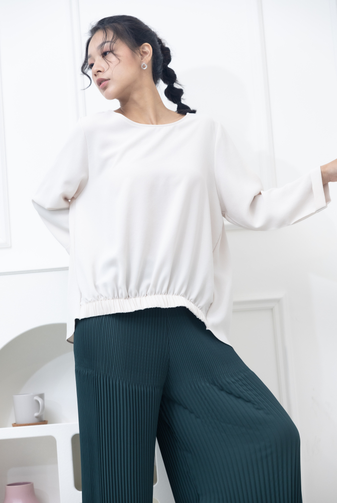 긴팔 下擺鬆緊七分袖上衣 / 杏色