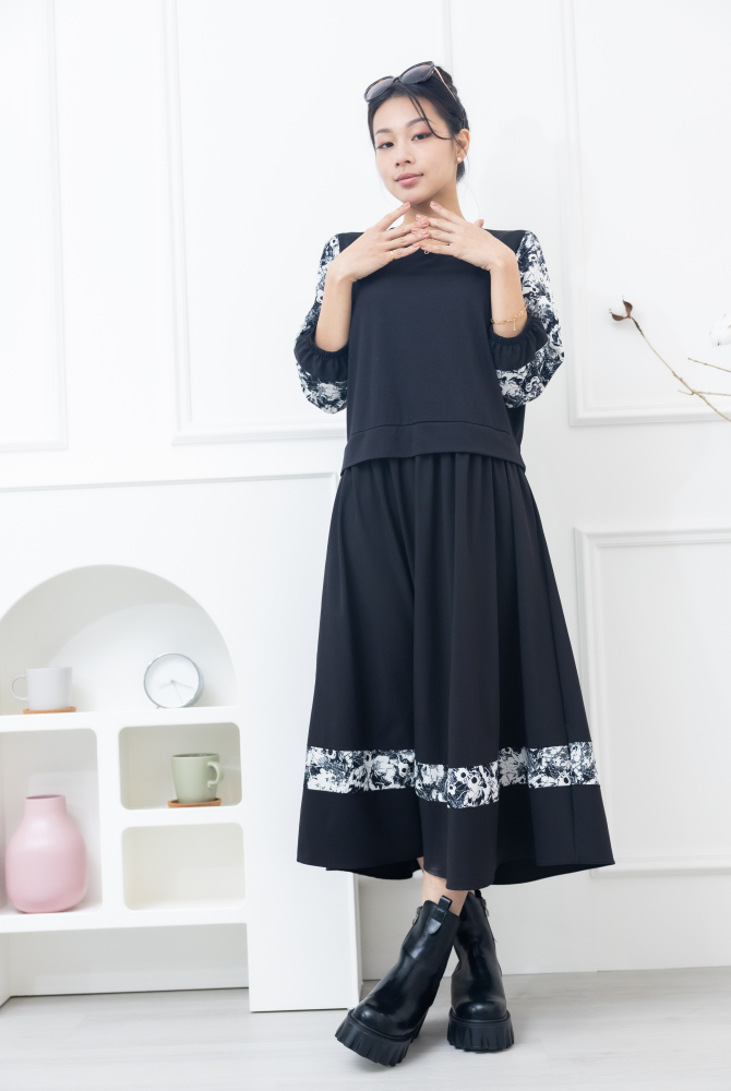 원피스 異材質拼接假二件洋裝 / 黑色拼白花袖