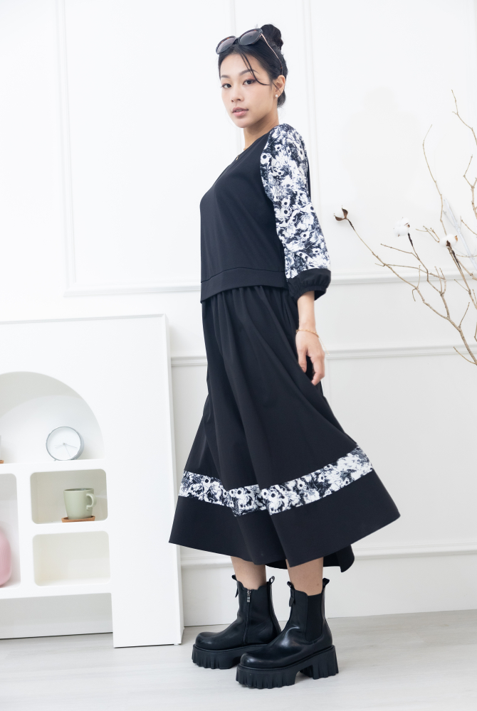 원피스 異材質拼接假二件洋裝 / 黑色拼白花袖