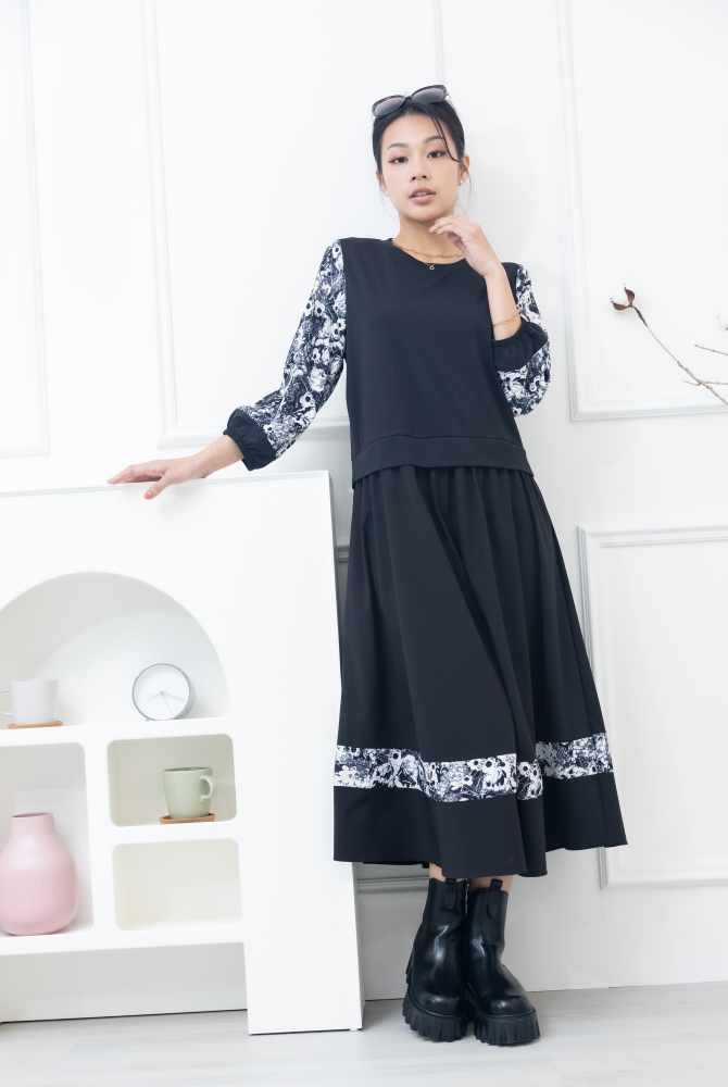 원피스 異材質拼接假二件洋裝 / 黑色拼白花袖