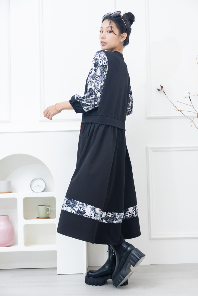 원피스 異材質拼接假二件洋裝 / 黑色拼白花袖