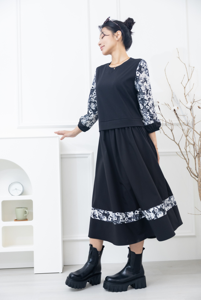 원피스 異材質拼接假二件洋裝 / 黑色拼白花袖