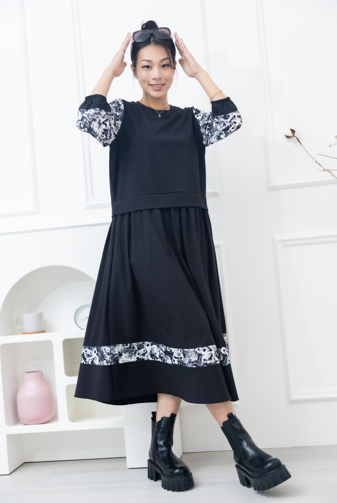 원피스 異材質拼接假二件洋裝 / 黑色拼白花袖