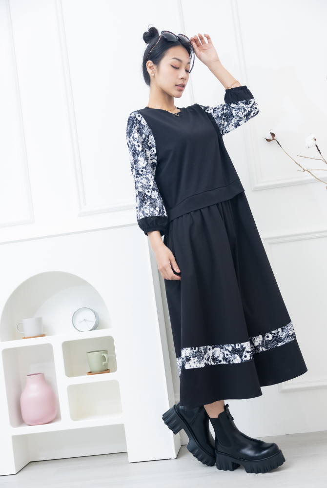 원피스 異材質拼接假二件洋裝 / 黑色拼白花袖