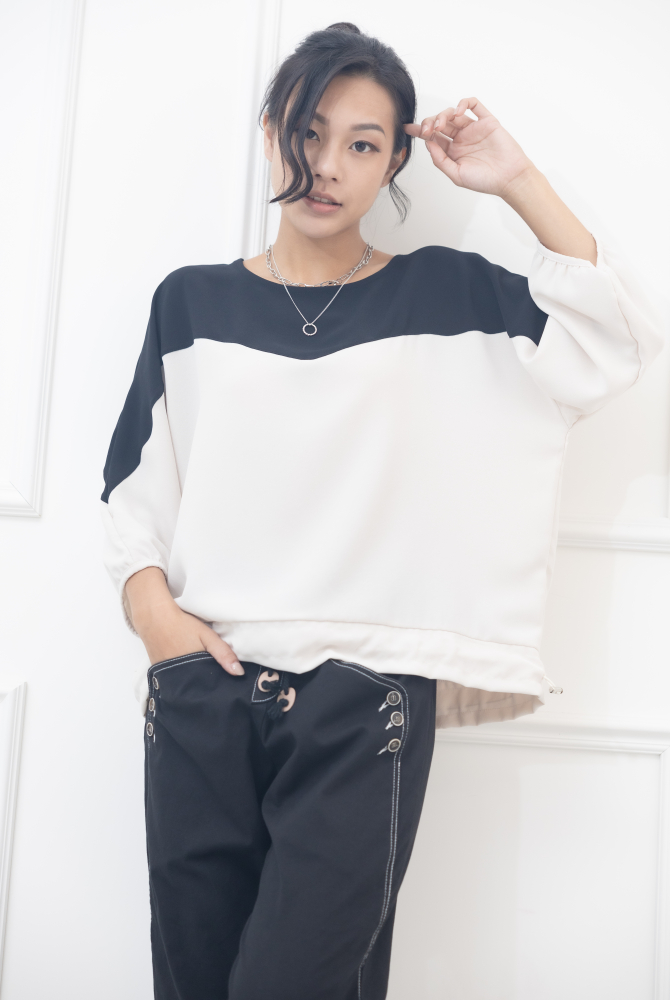 긴팔 上拼黑色下擺抽繩七分袖上衣 / 杏色