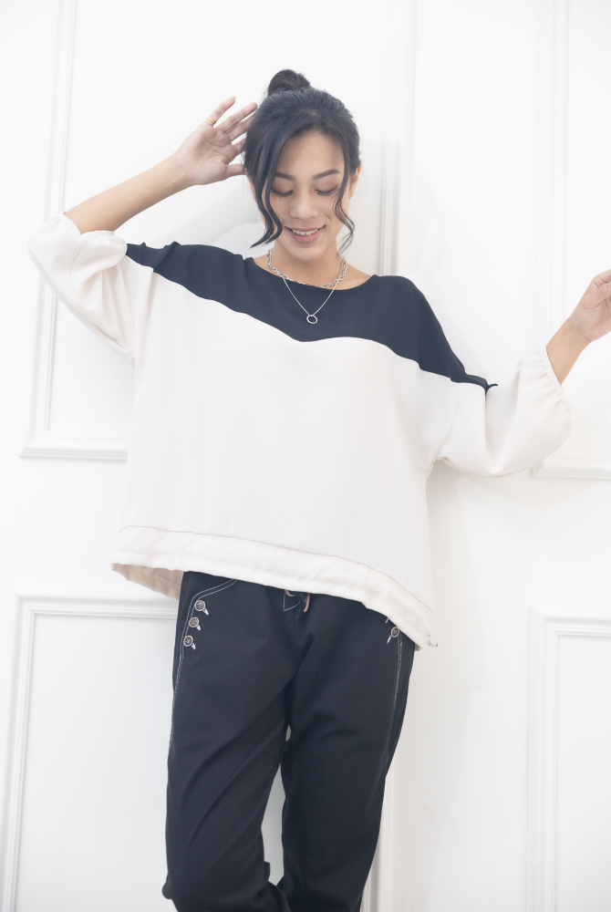 긴팔 上拼黑色下擺抽繩七分袖上衣 / 杏色