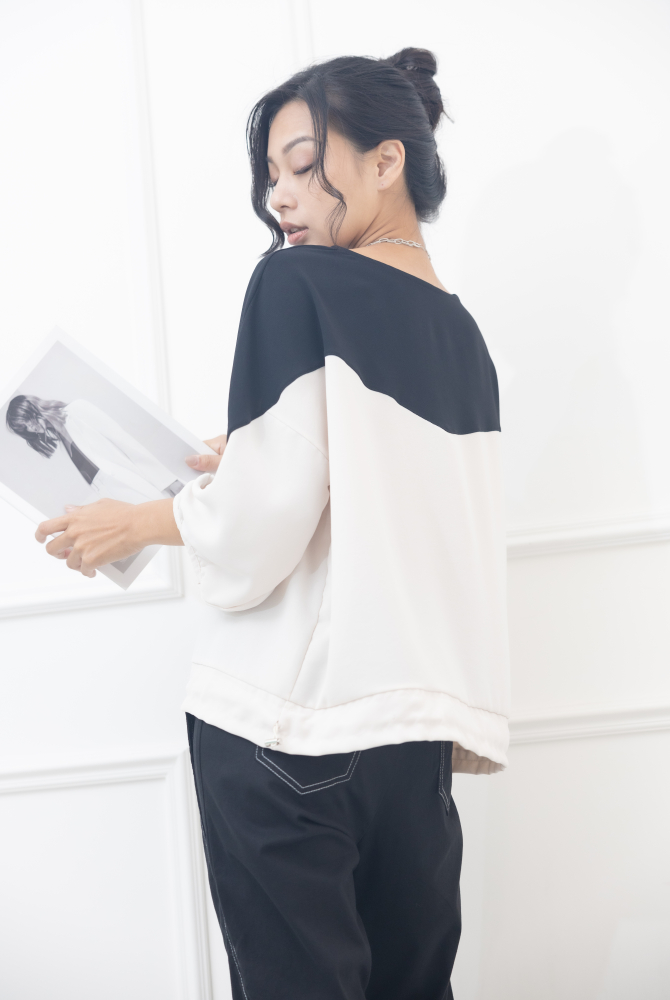 긴팔 上拼黑色下擺抽繩七分袖上衣 / 杏色