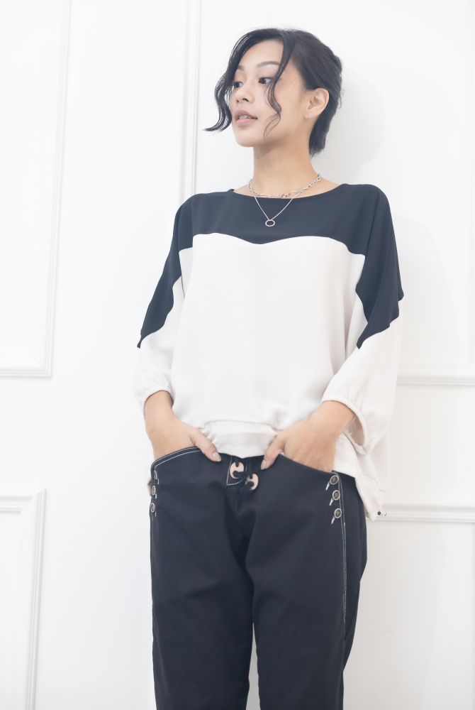 긴팔 上拼黑色下擺抽繩七分袖上衣 / 杏色