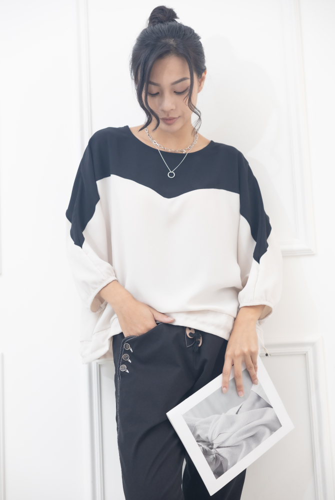 긴팔 上拼黑色下擺抽繩七分袖上衣 / 杏色