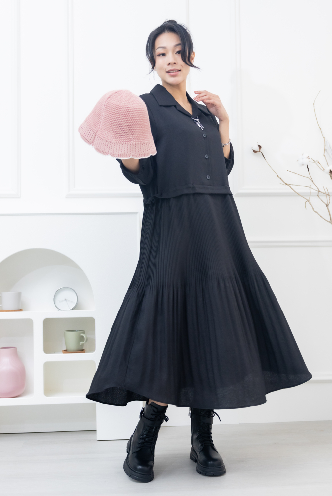 원피스 百褶傘裙假二件洋裝 / 黑色