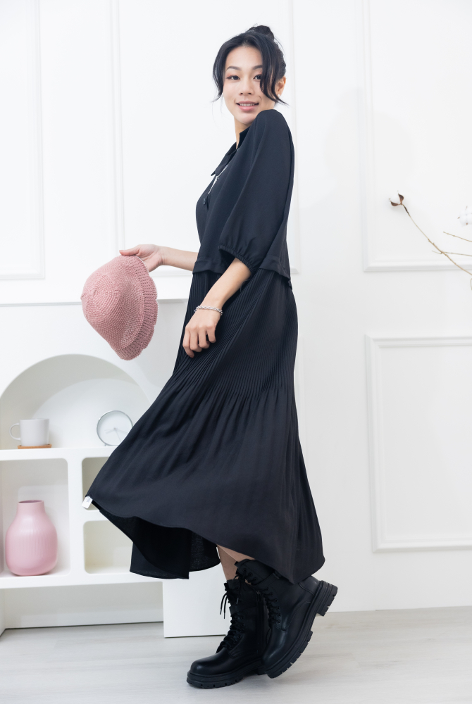 원피스 百褶傘裙假二件洋裝 / 黑色
