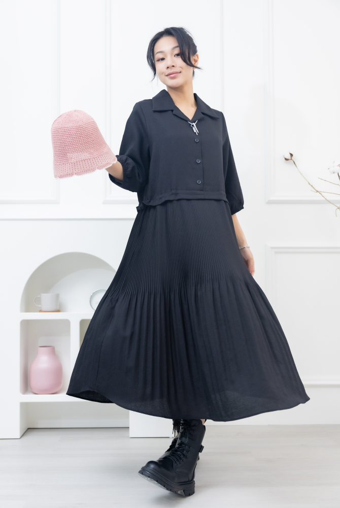 원피스 百褶傘裙假二件洋裝 / 黑色