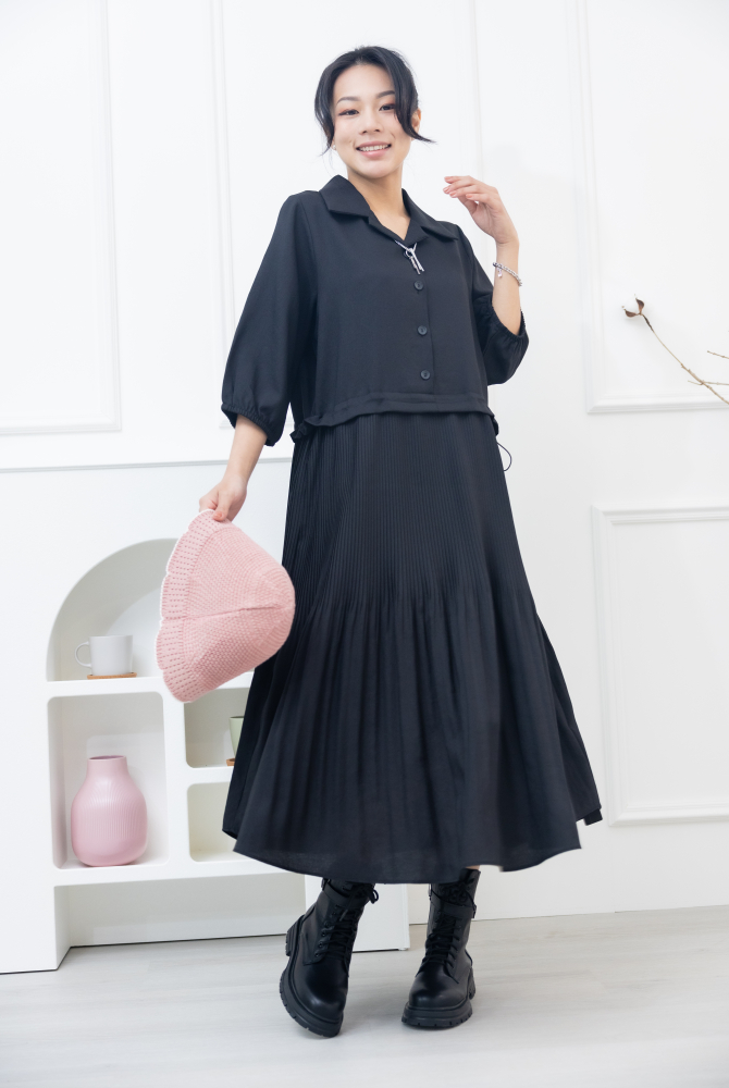원피스 百褶傘裙假二件洋裝 / 黑色