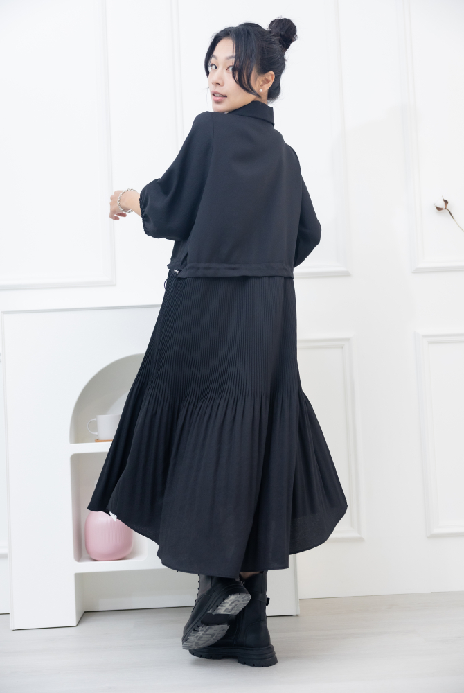 원피스 百褶傘裙假二件洋裝 / 黑色