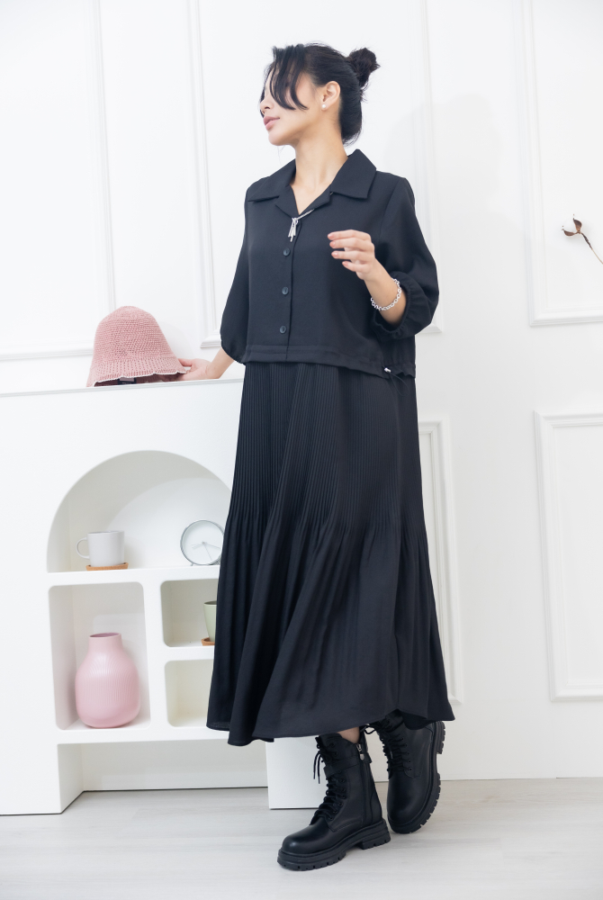 원피스 百褶傘裙假二件洋裝 / 黑色