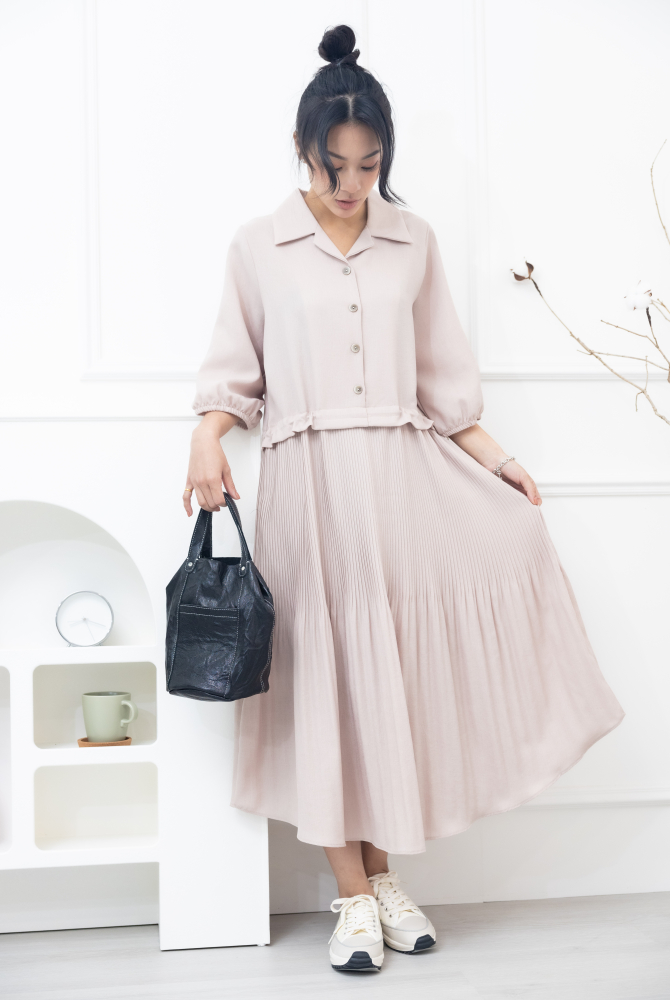 원피스 百褶傘裙假二件洋裝 / 奶茶色