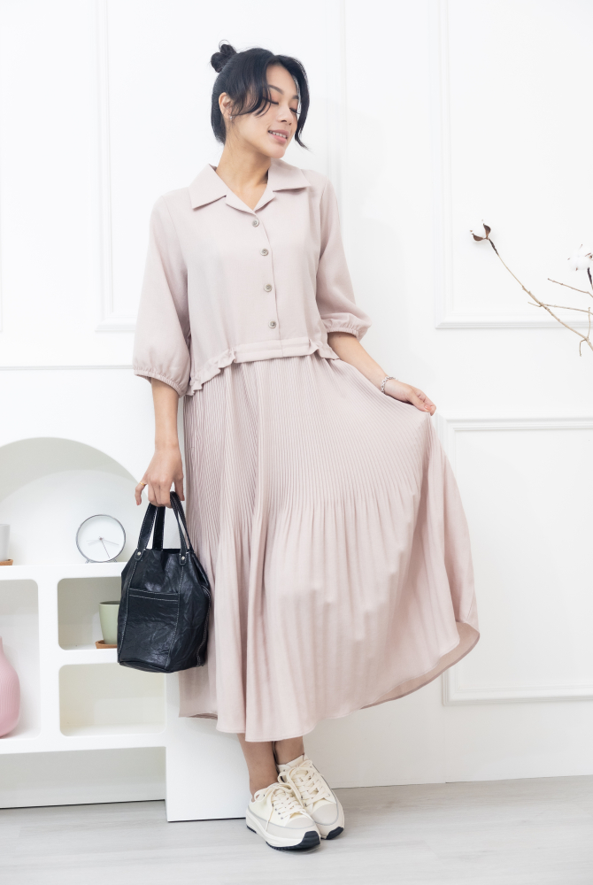 원피스 百褶傘裙假二件洋裝 / 奶茶色