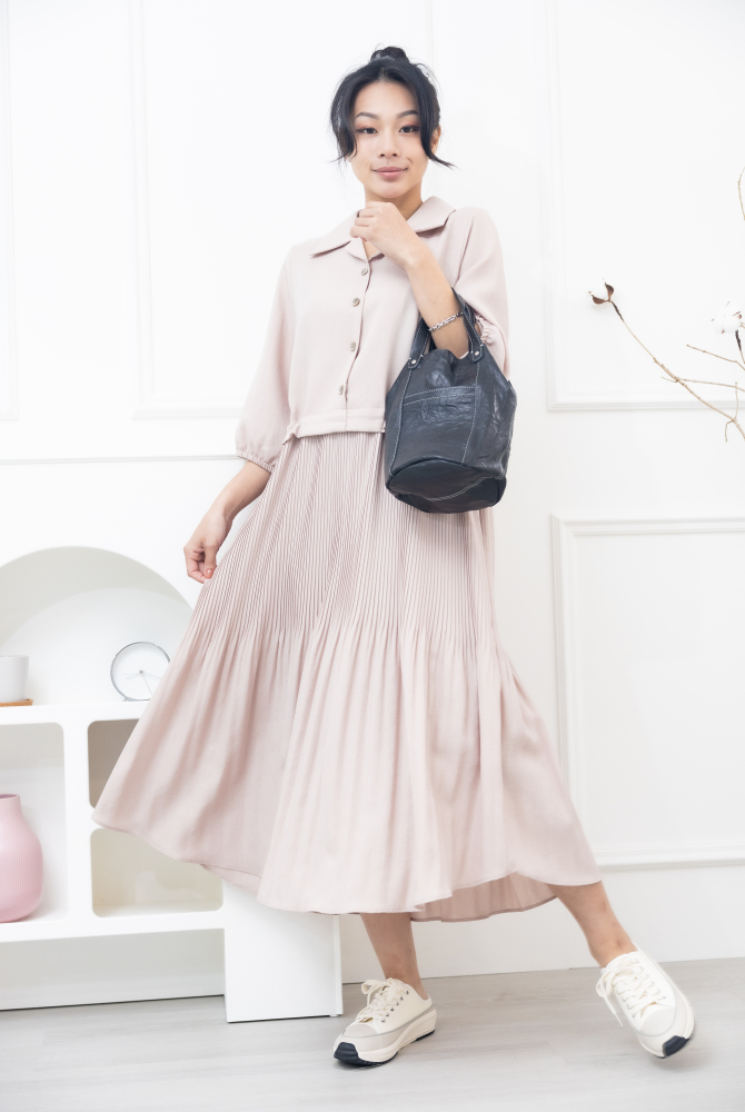 원피스 百褶傘裙假二件洋裝 / 奶茶色