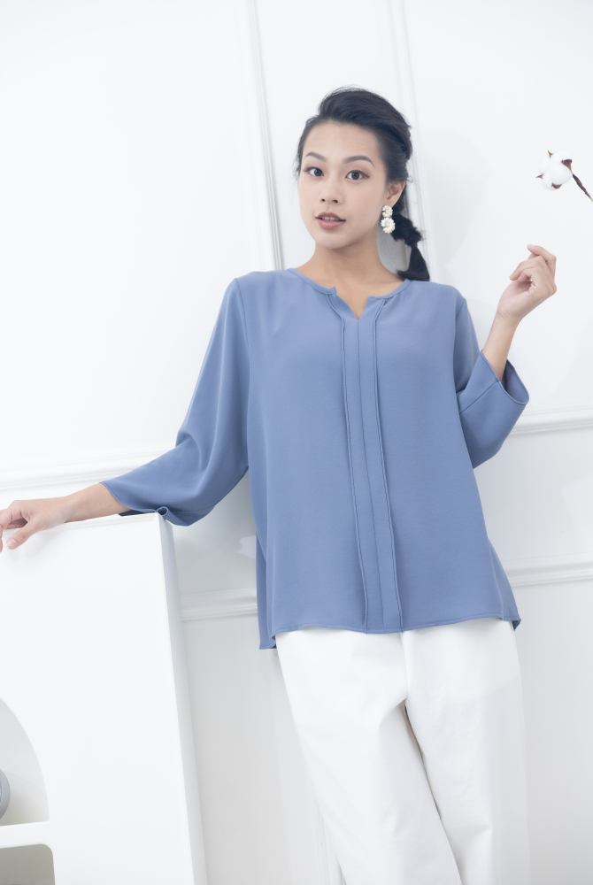 긴팔 黑車縫線襟片七分袖上衣 / 煙藍色