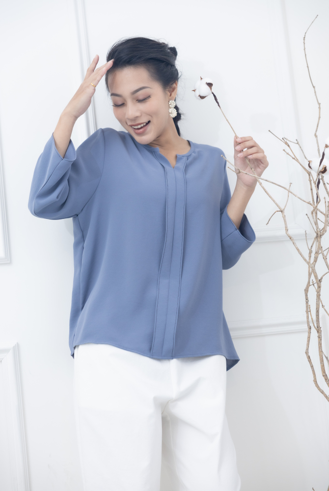 긴팔 黑車縫線襟片七分袖上衣 / 煙藍色