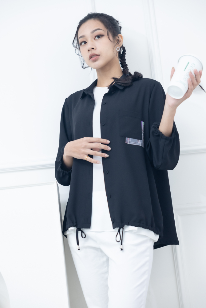긴팔 印花口袋抽繩下擺九分袖襯杉 / 黑色