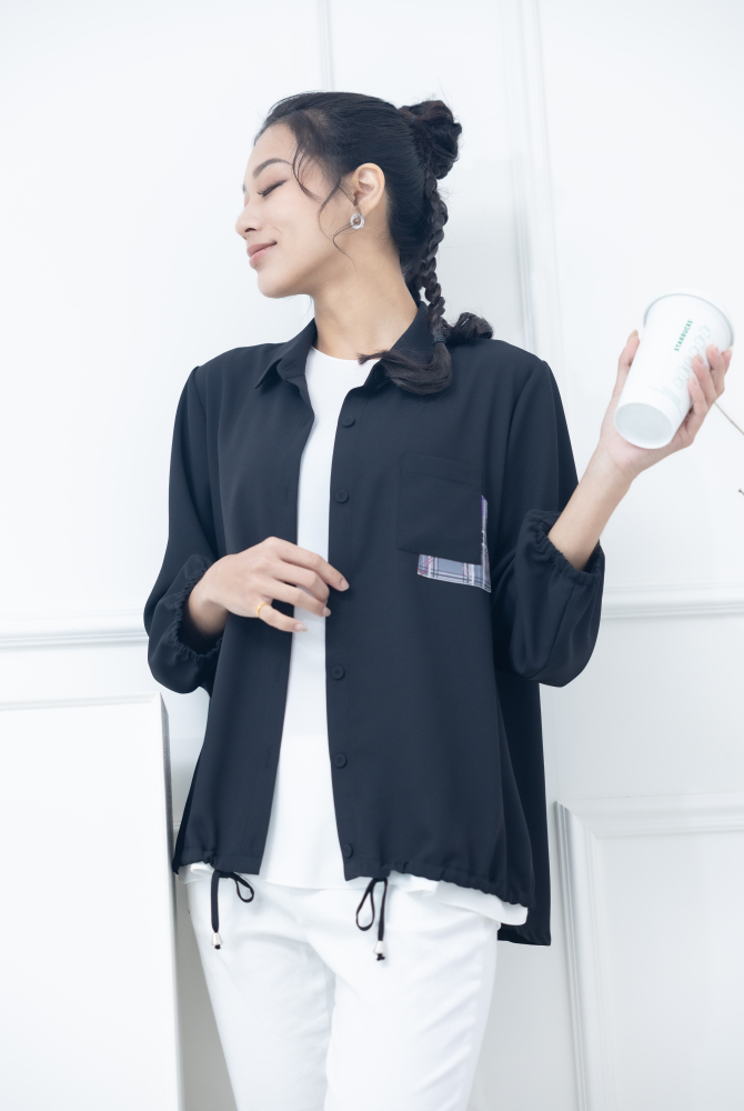 긴팔 印花口袋抽繩下擺九分袖襯杉 / 黑色