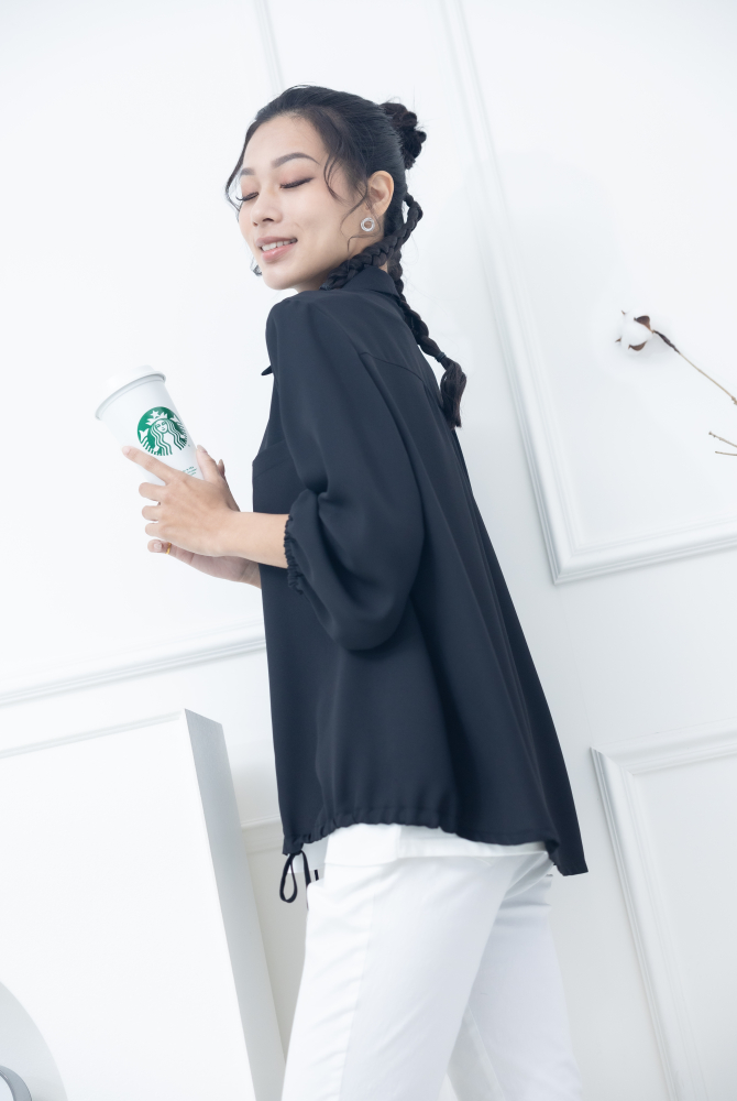 긴팔 印花口袋抽繩下擺九分袖襯杉 / 黑色