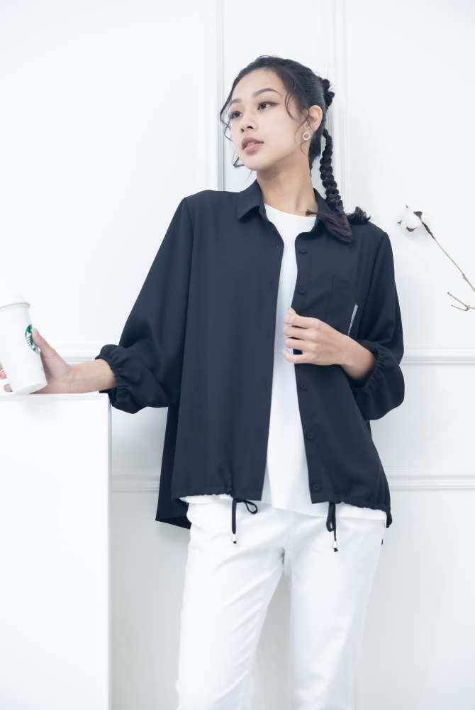 긴팔 印花口袋抽繩下擺九分袖襯杉 / 黑色