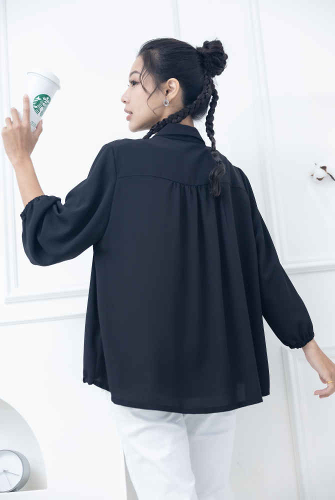 긴팔 印花口袋抽繩下擺九分袖襯杉 / 黑色