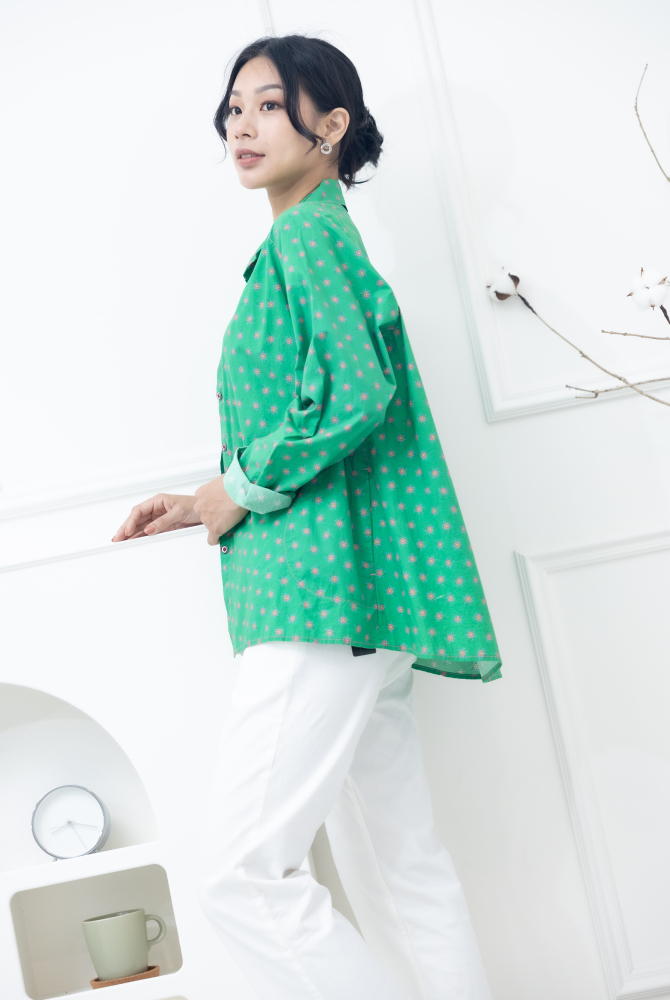 긴팔 粉花立領長袖襯衫 / 綠色