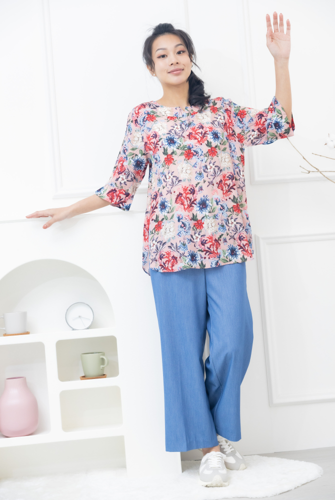 긴 바지 薄涼寬直筒牛仔長褲 / 淺藍色