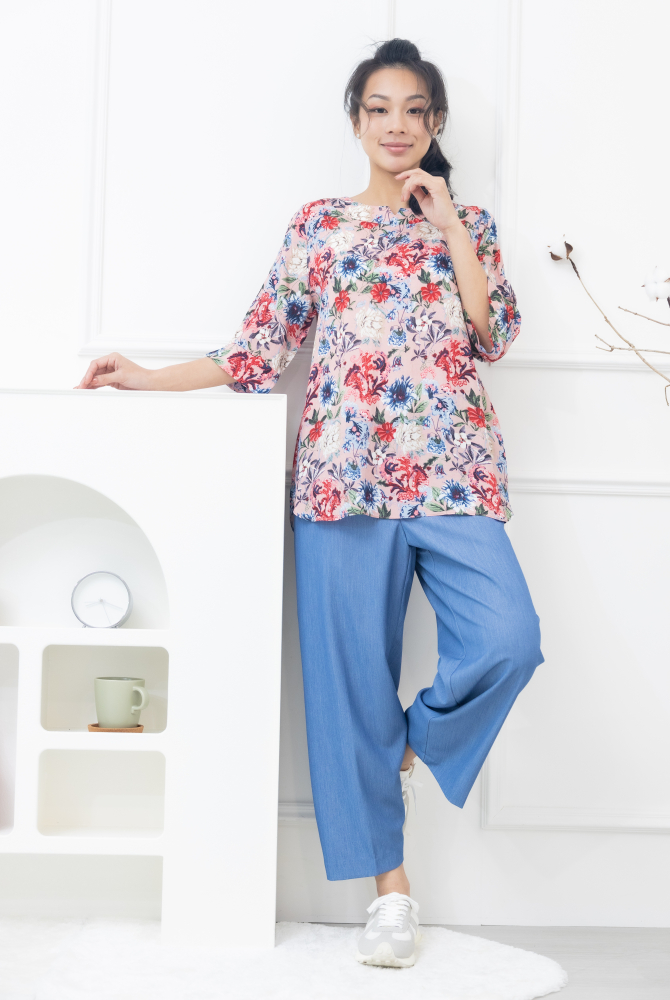 긴 바지 薄涼寬直筒牛仔長褲 / 淺藍色