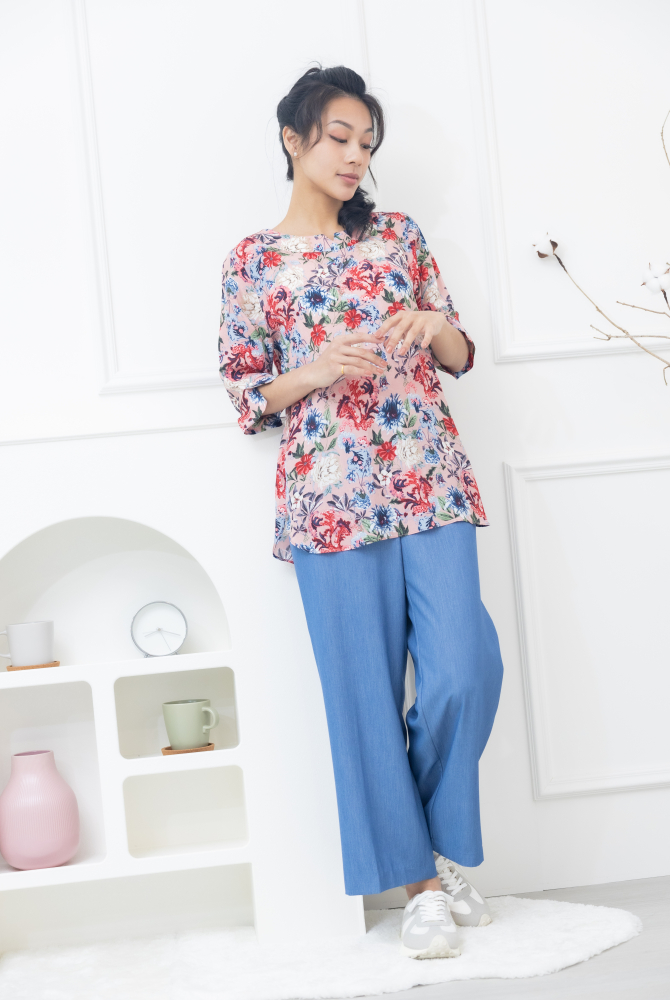 긴 바지 薄涼寬直筒牛仔長褲 / 淺藍色