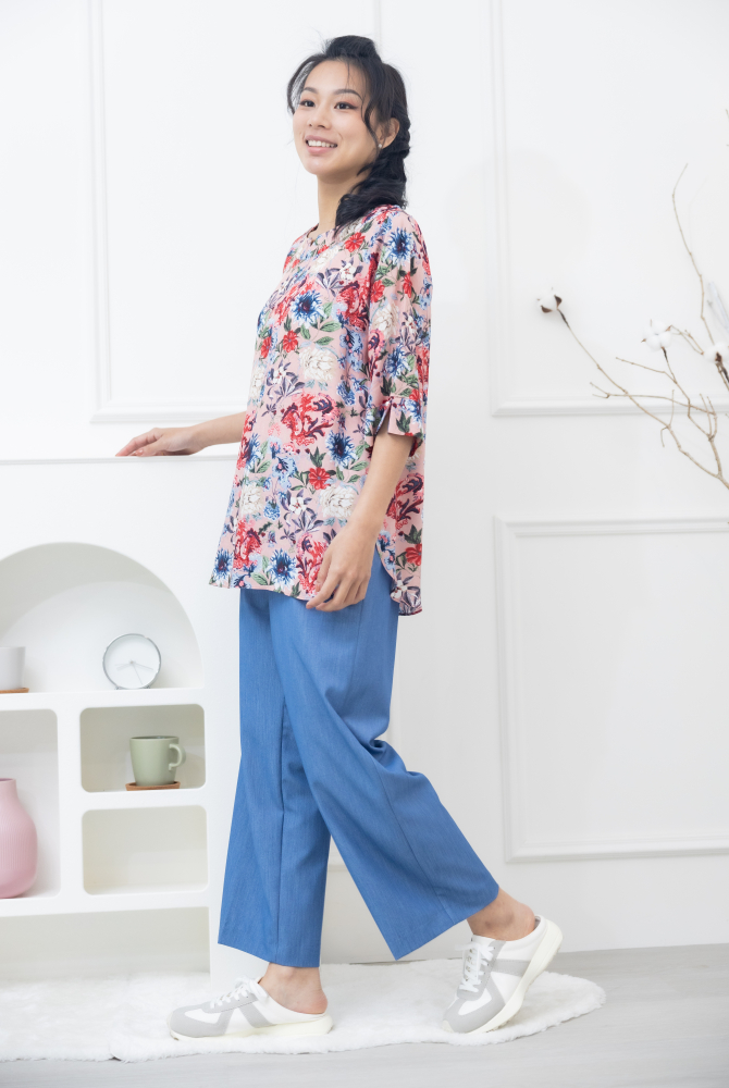 긴 바지 薄涼寬直筒牛仔長褲 / 淺藍色