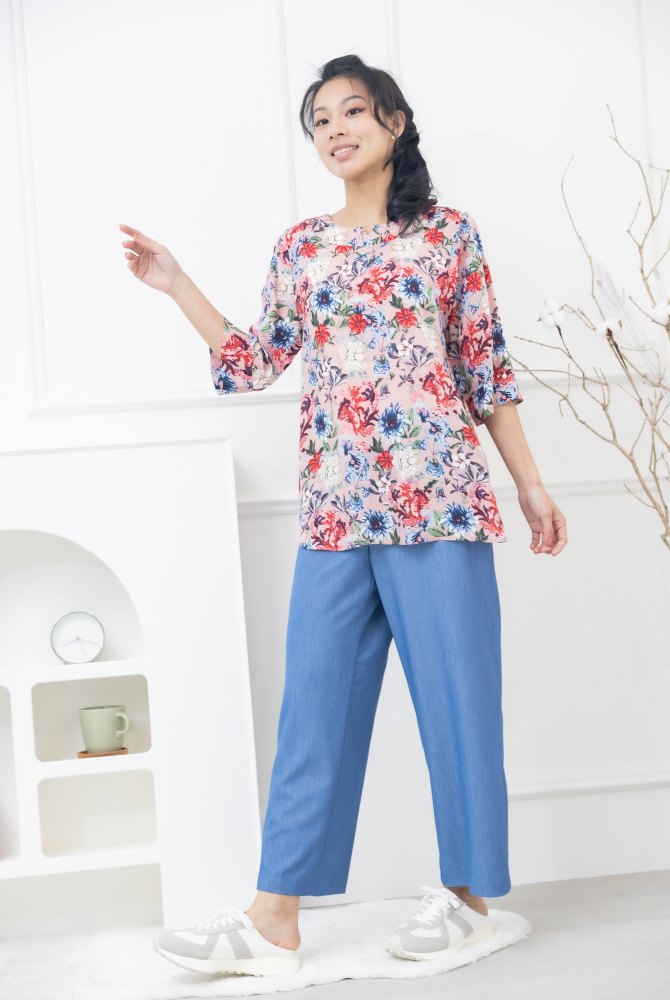 긴 바지 薄涼寬直筒牛仔長褲 / 淺藍色