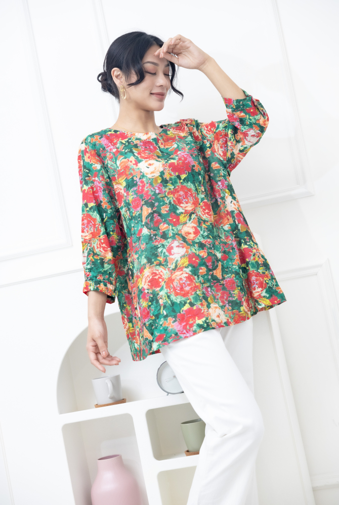 긴팔 紅玫瑰七分袖棉紗上衣 / 綠色