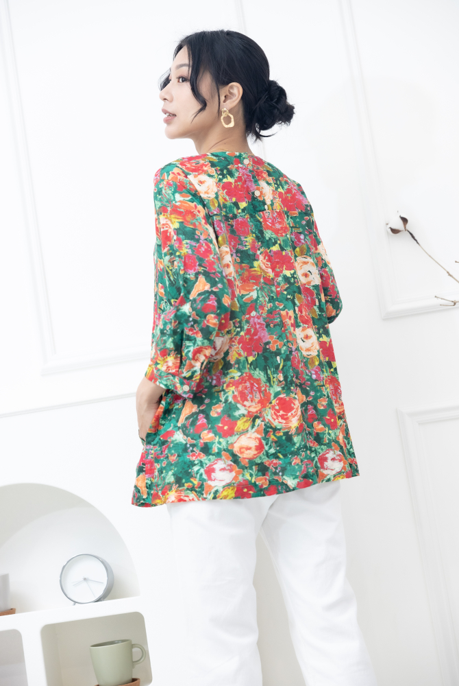 긴팔 紅玫瑰七分袖棉紗上衣 / 綠色