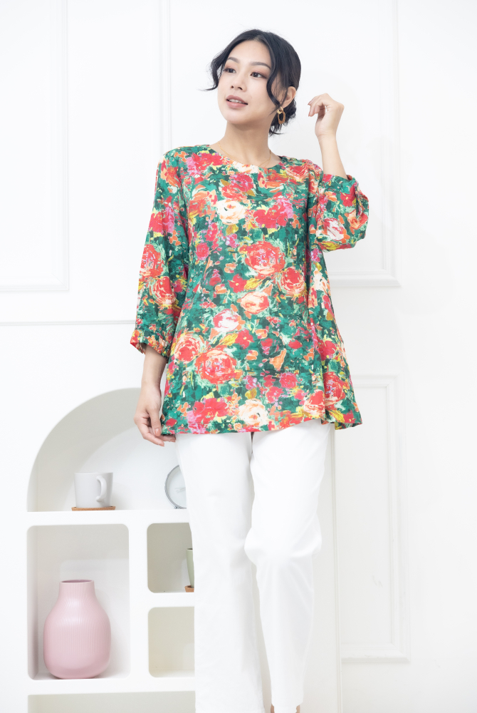 긴팔 紅玫瑰七分袖棉紗上衣 / 綠色